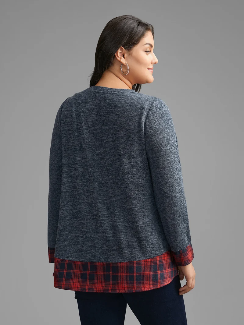 Round Neck Plaid Patchwork Heather T-shirt
