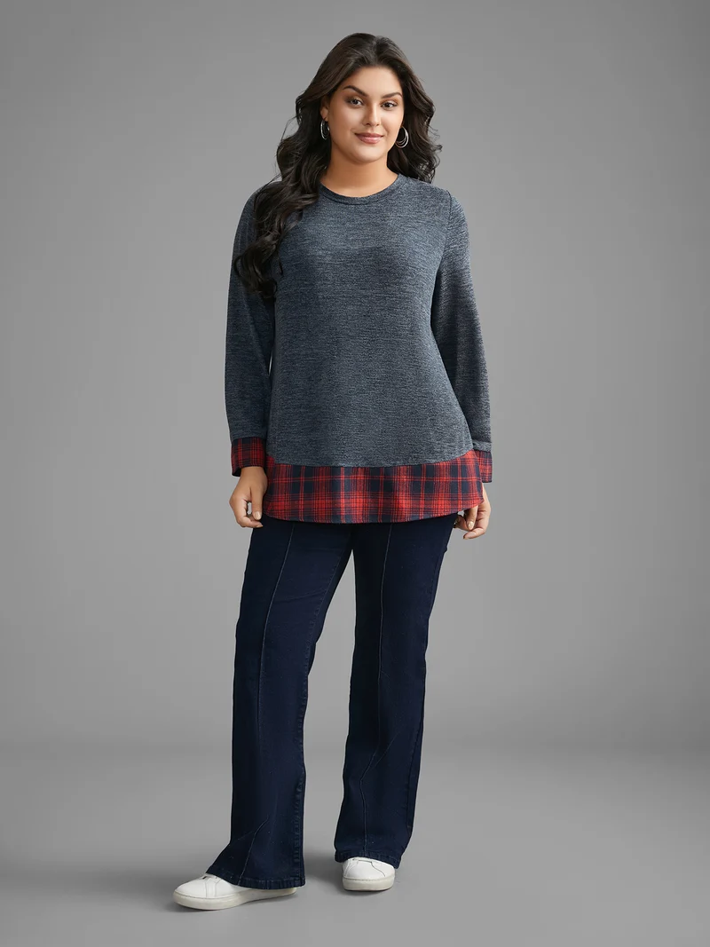 Round Neck Plaid Patchwork Heather T-shirt