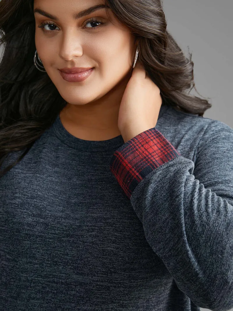 Round Neck Plaid Patchwork Heather T-shirt