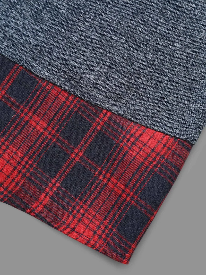 Round Neck Plaid Patchwork Heather T-shirt