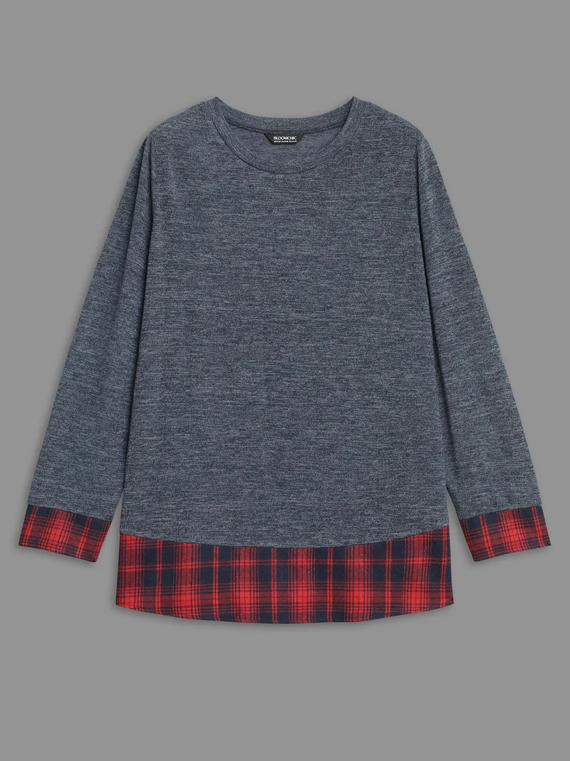 Round Neck Plaid Patchwork Heather T-shirt