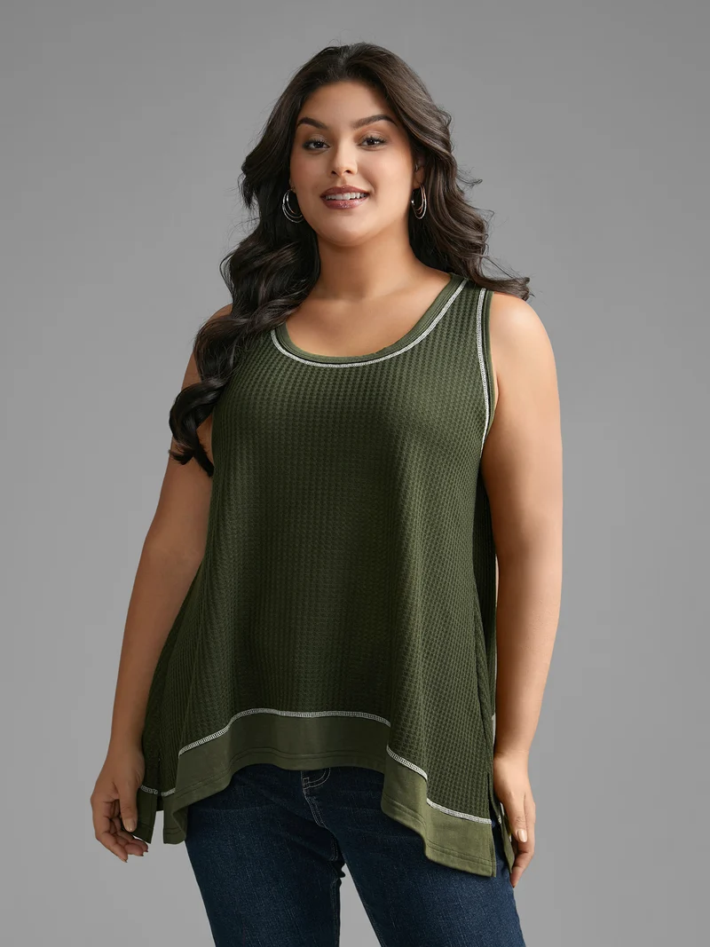 Waffle Knit Patchwork Topstitching Tank Top
