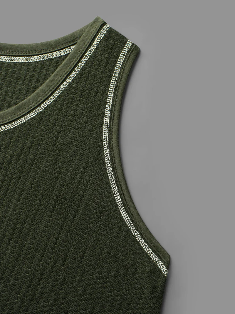 Waffle Knit Patchwork Topstitching Tank Top