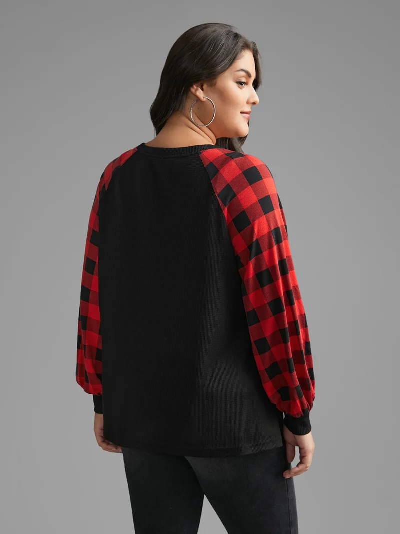 V Neck Plaid Patchwork Contrast T-shirt