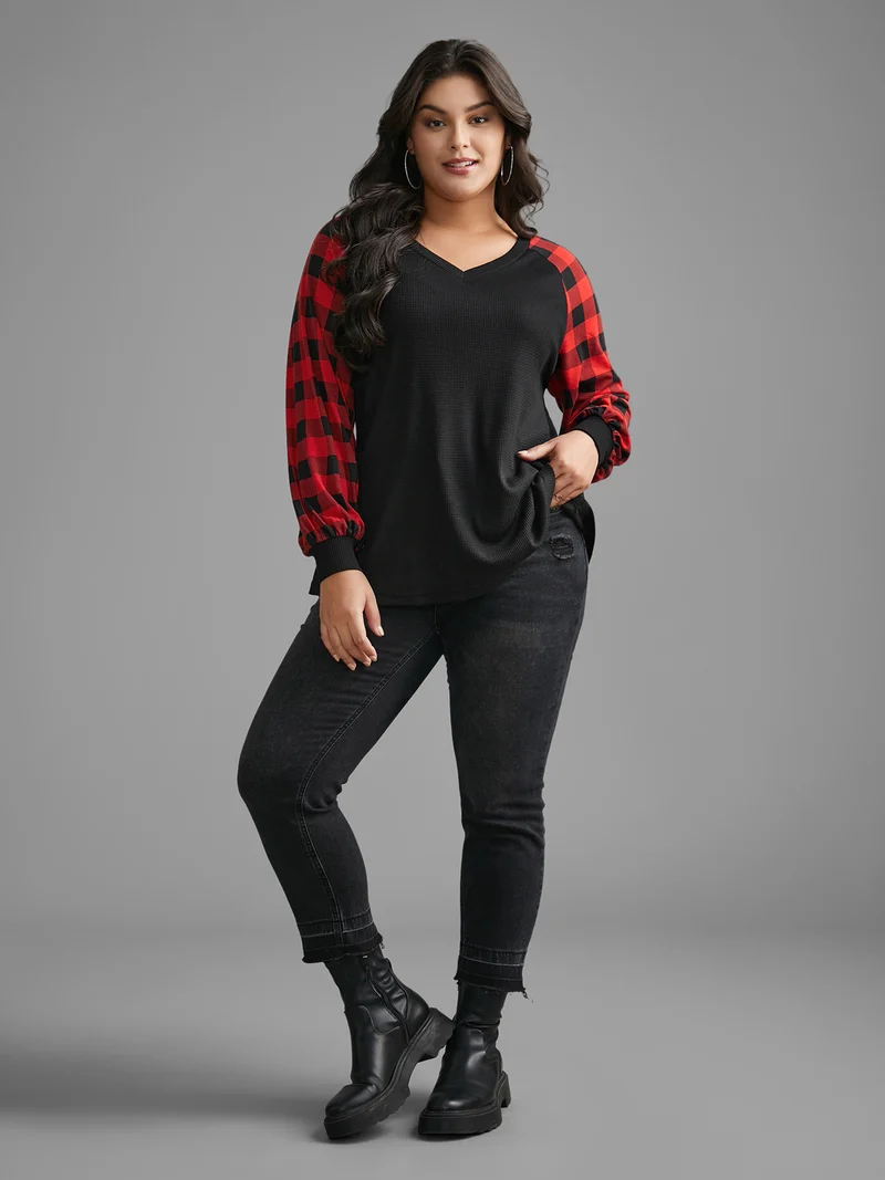 V Neck Plaid Patchwork Contrast T-shirt