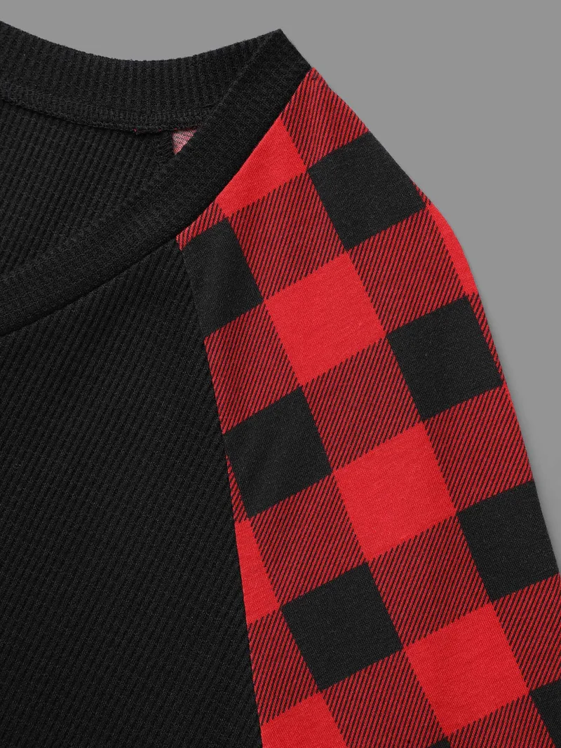 V Neck Plaid Patchwork Contrast T-shirt