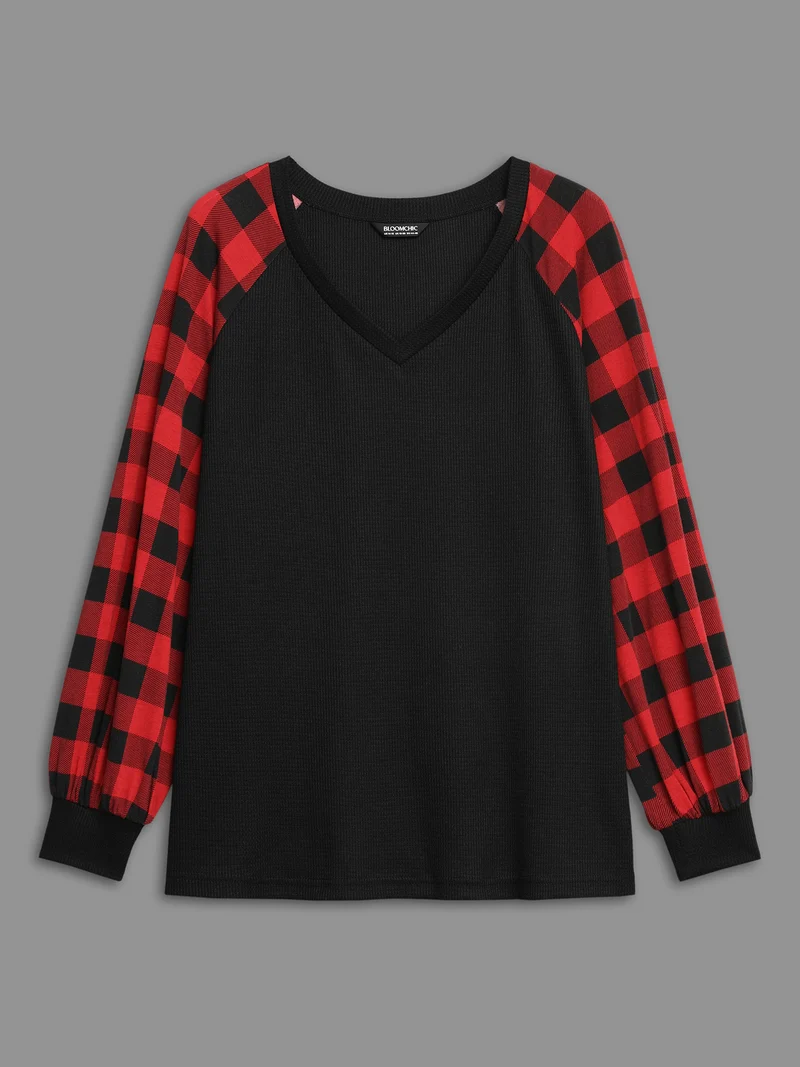 V Neck Plaid Patchwork Contrast T-shirt