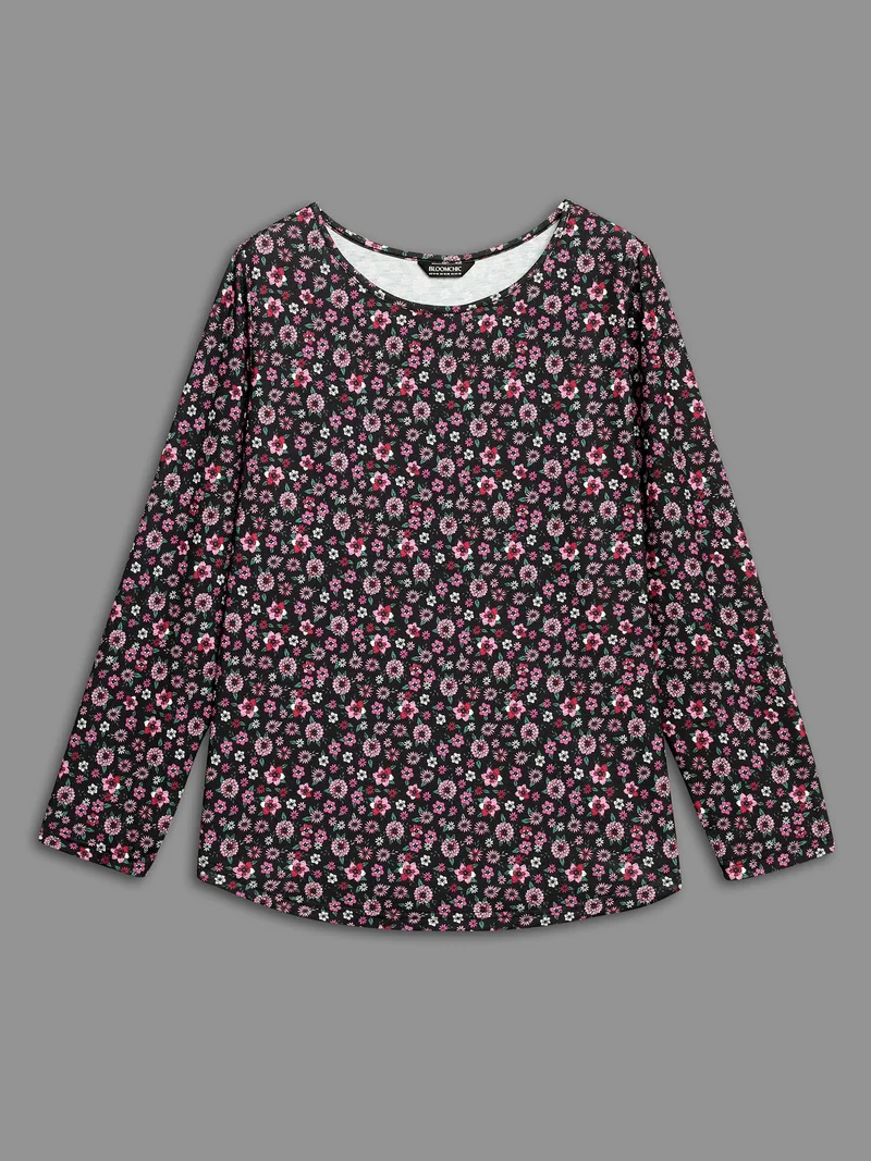 Ditsy Floral Crew Neck Curved Hem T-shirt