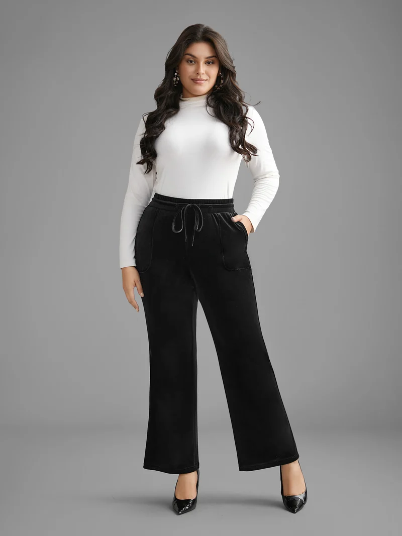 Solid Drawstring Elastic Waist Bootcut Pants
