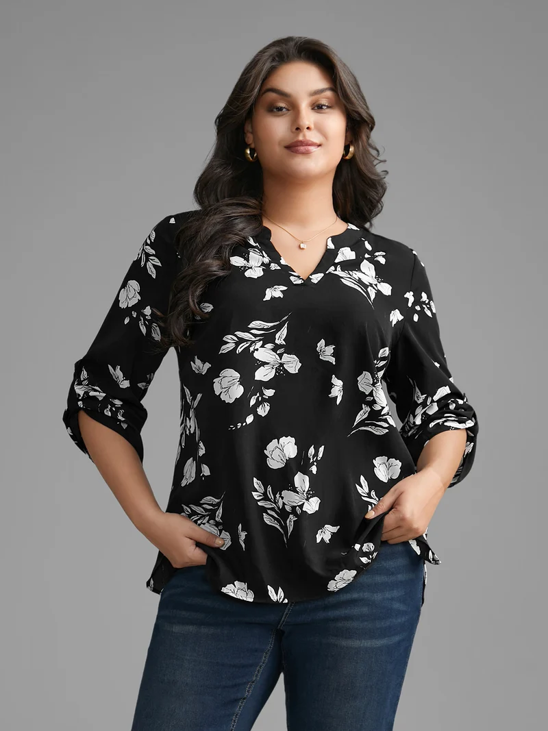 Silhouette Floral Print Tab Sleeve Slit Hem Blouse