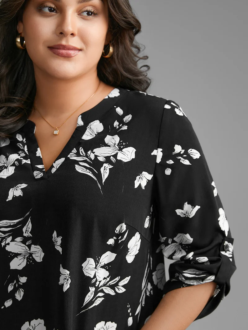 Silhouette Floral Print Tab Sleeve Slit Hem Blouse
