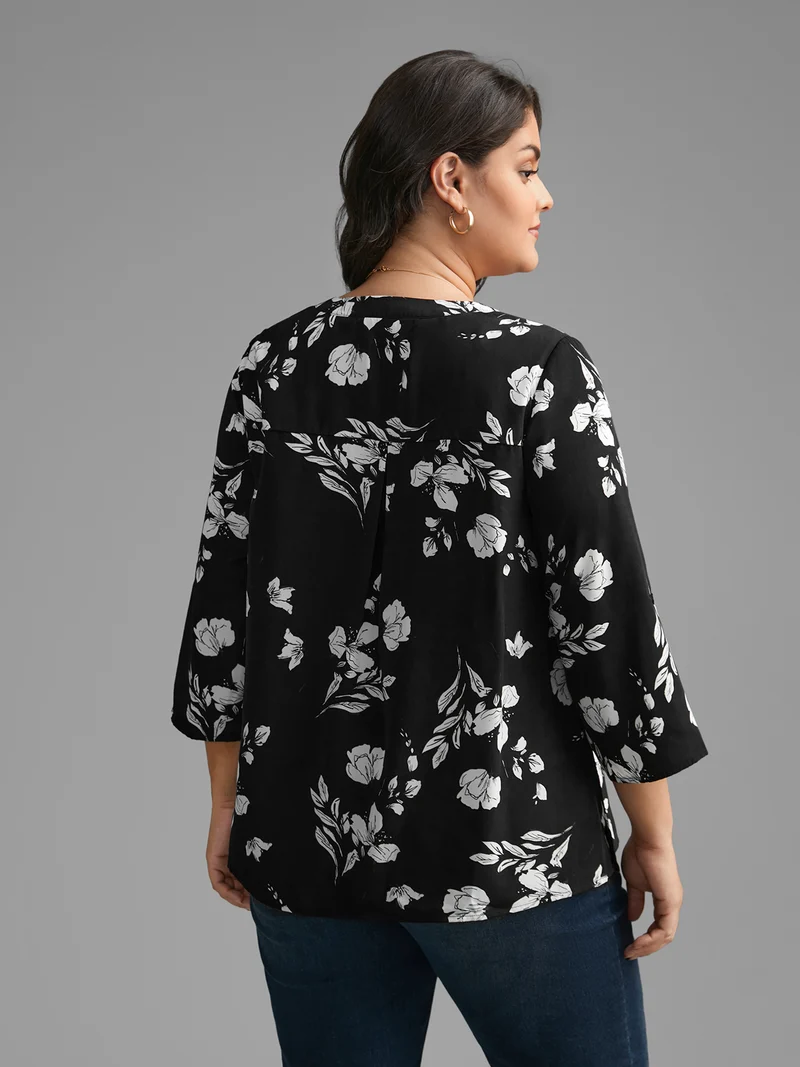 Silhouette Floral Print Tab Sleeve Slit Hem Blouse