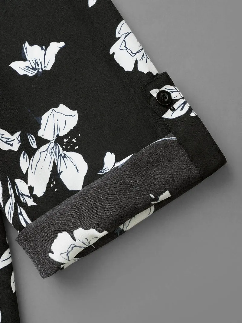 Silhouette Floral Print Tab Sleeve Slit Hem Blouse