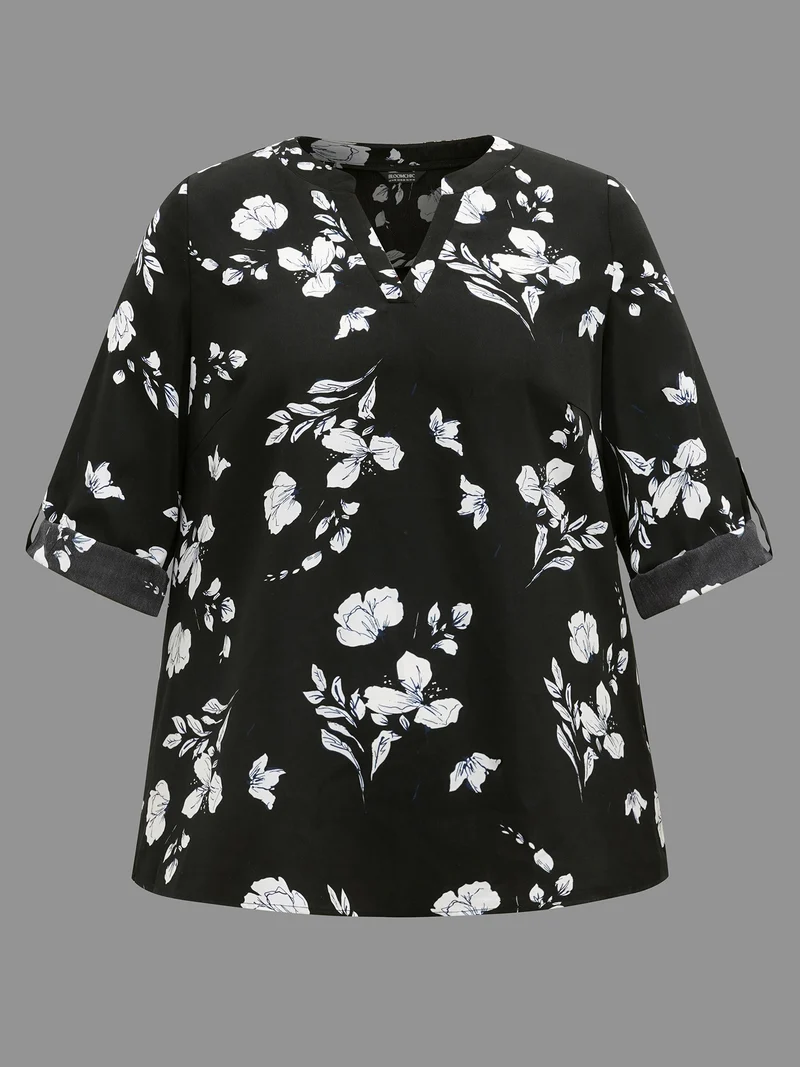 Silhouette Floral Print Tab Sleeve Slit Hem Blouse