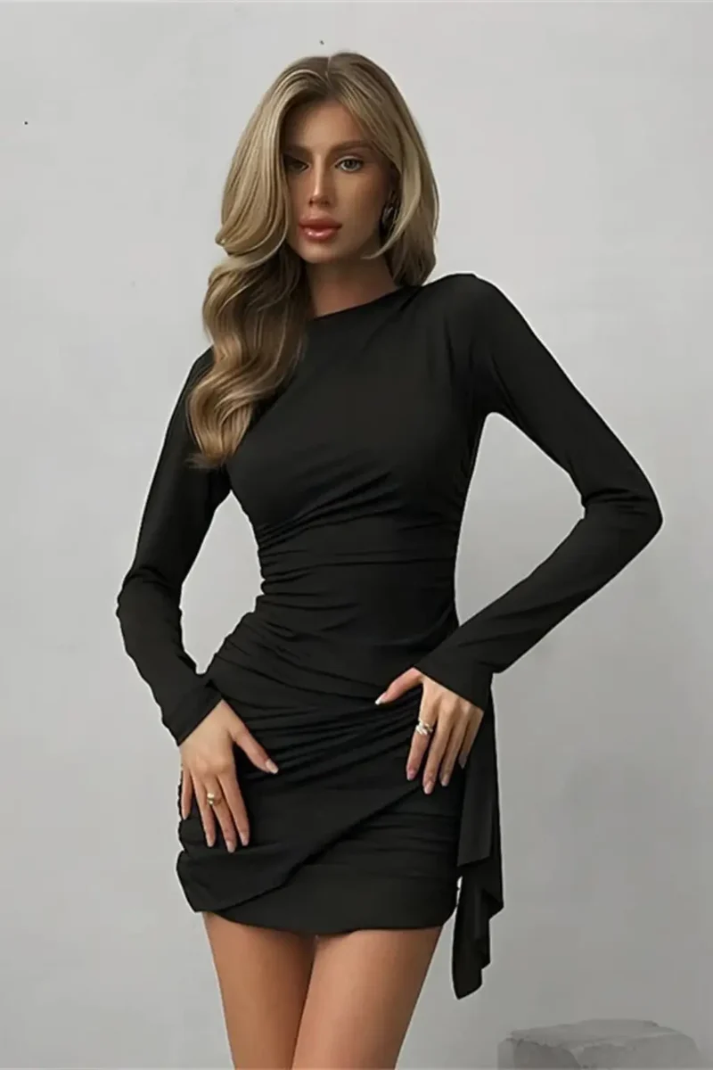 Women's Ruched Mini Dress | Elegant Long Sleeve Cocktail Dress with Draped Detail