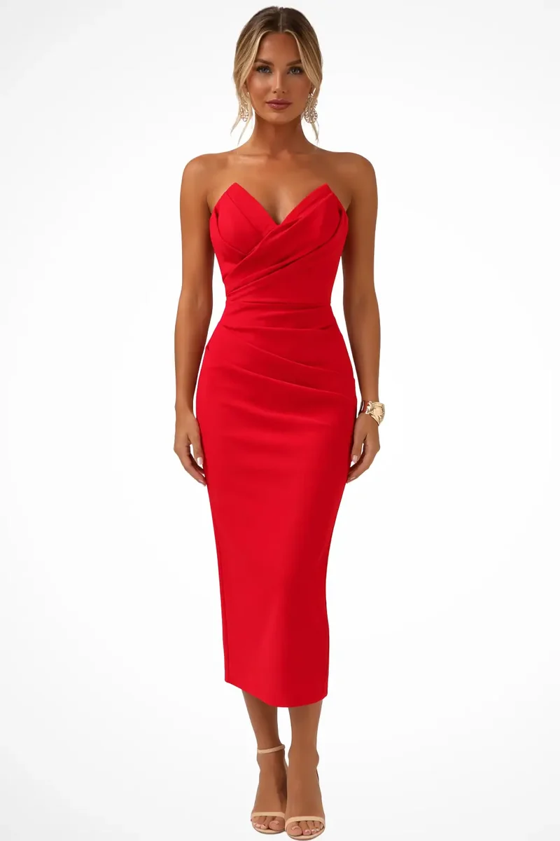 Women's Structured Midi Dress | Elegant Strapless Sweetheart Cocktail Dress
