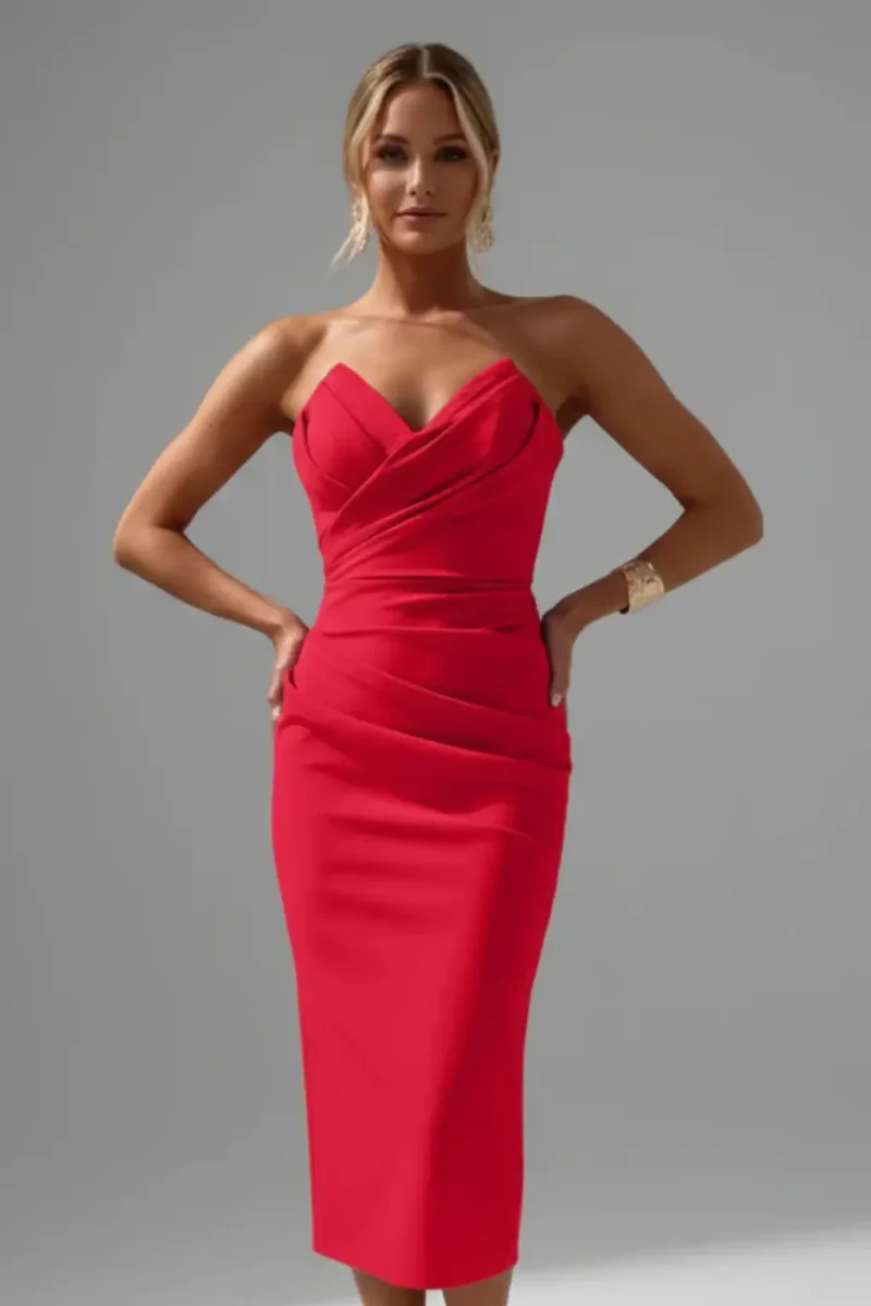 Women's Structured Midi Dress | Elegant Strapless Sweetheart Cocktail Dress