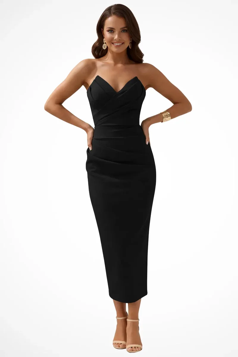 Women's Structured Midi Dress | Elegant Strapless Sweetheart Cocktail Dress