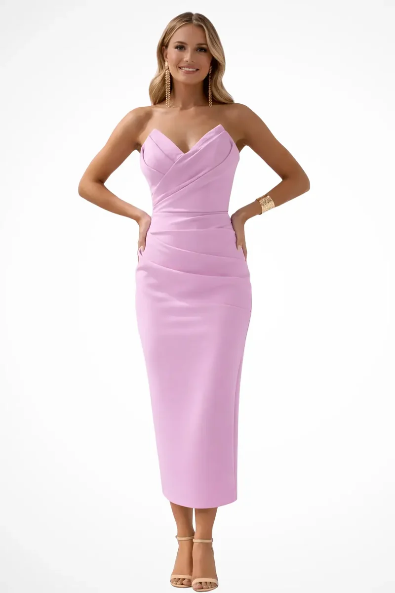 Women's Structured Midi Dress | Elegant Strapless Sweetheart Cocktail Dress