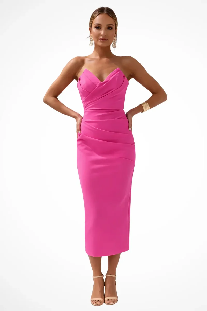 Women's Structured Midi Dress | Elegant Strapless Sweetheart Cocktail Dress