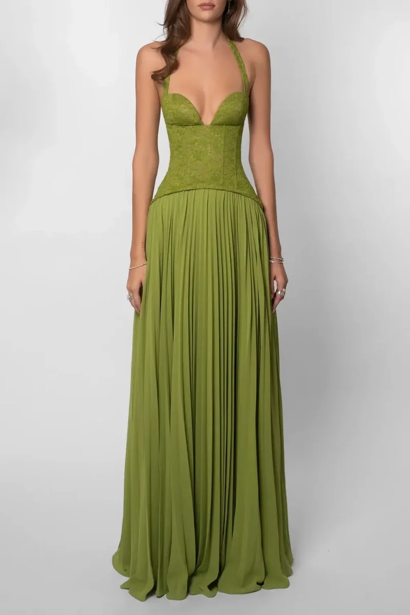 Women's Elegant Pleated Maxi Dress | Sophisticated Halter Formal Evening Gown