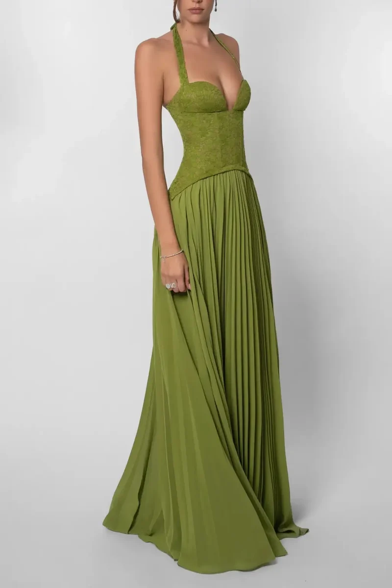 Women's Elegant Pleated Maxi Dress | Sophisticated Halter Formal Evening Gown