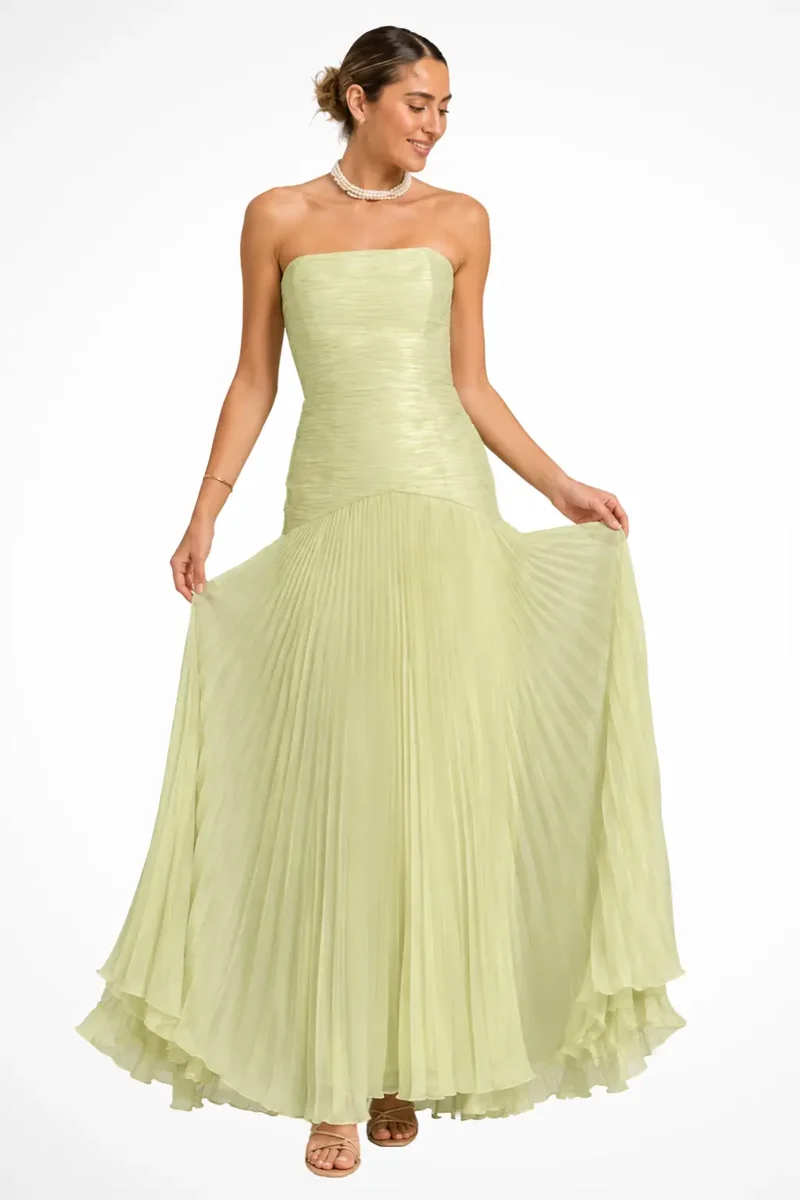Women's Elegant Pleated Maxi Dress | Strapless Drop Waist Evening Gown