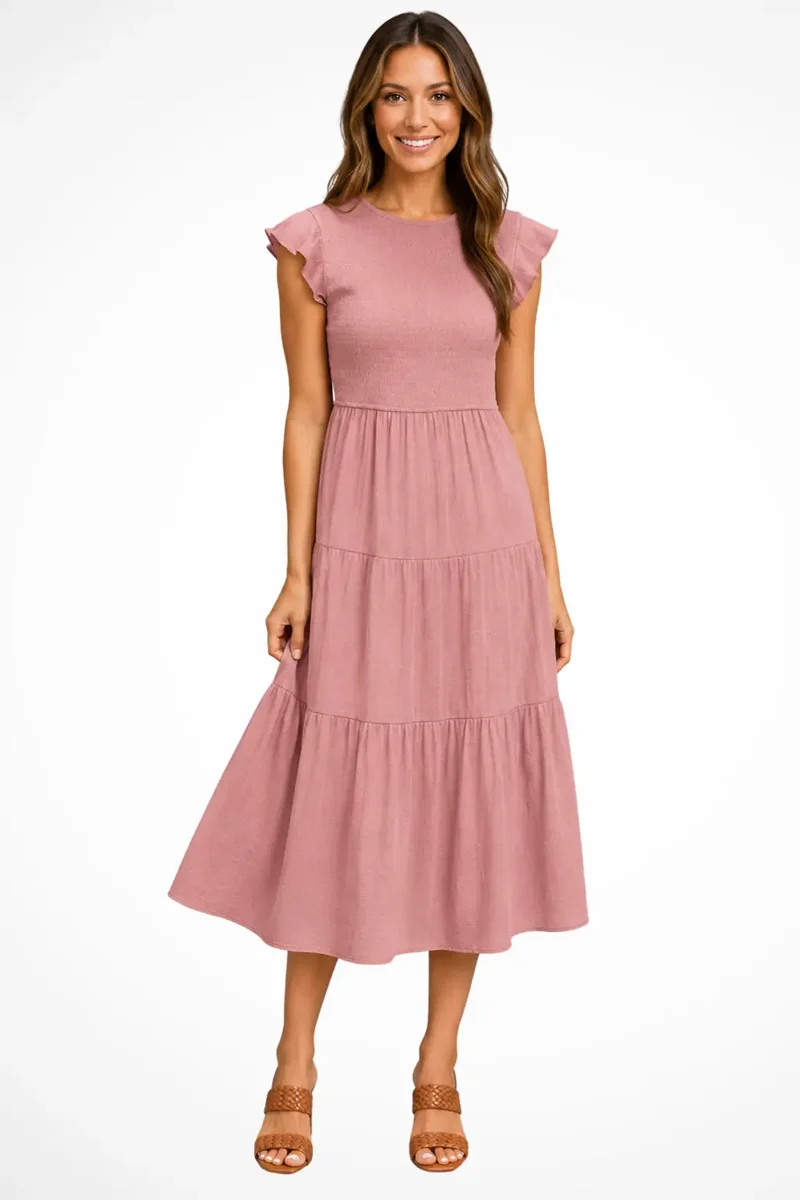 Women's Lightweight Cotton Midi Dress | Elegant Tiered Design with Flutter Sleeves