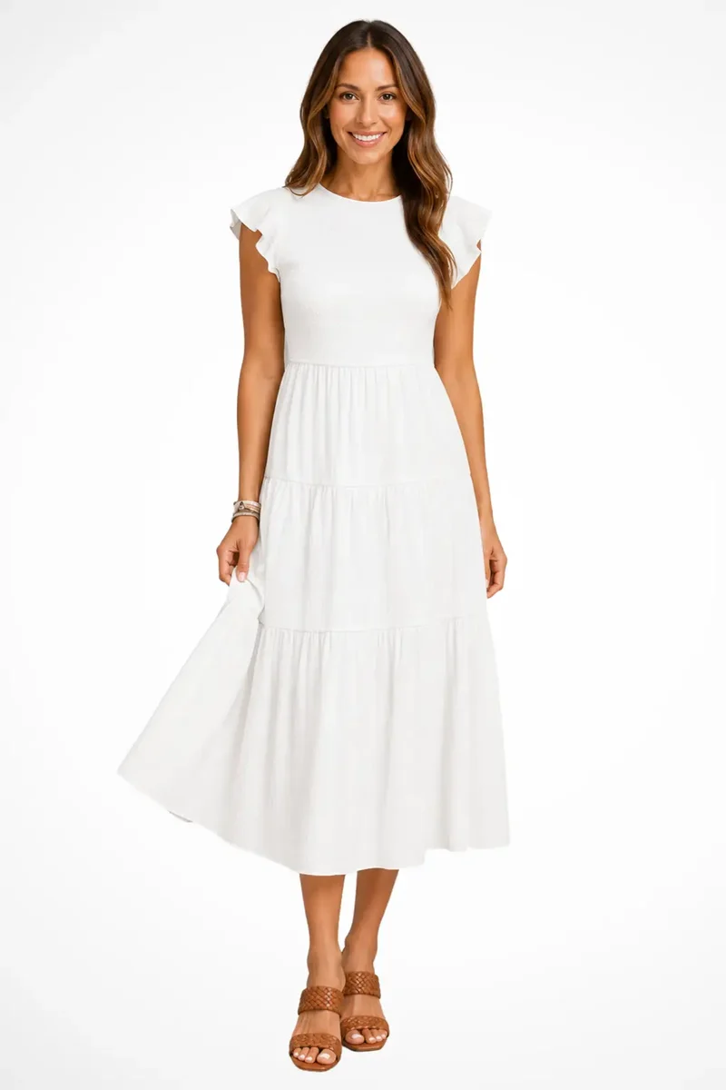 Women's Lightweight Cotton Midi Dress | Elegant Tiered Design with Flutter Sleeves
