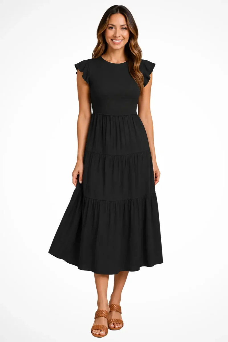 Women's Lightweight Cotton Midi Dress | Elegant Tiered Design with Flutter Sleeves
