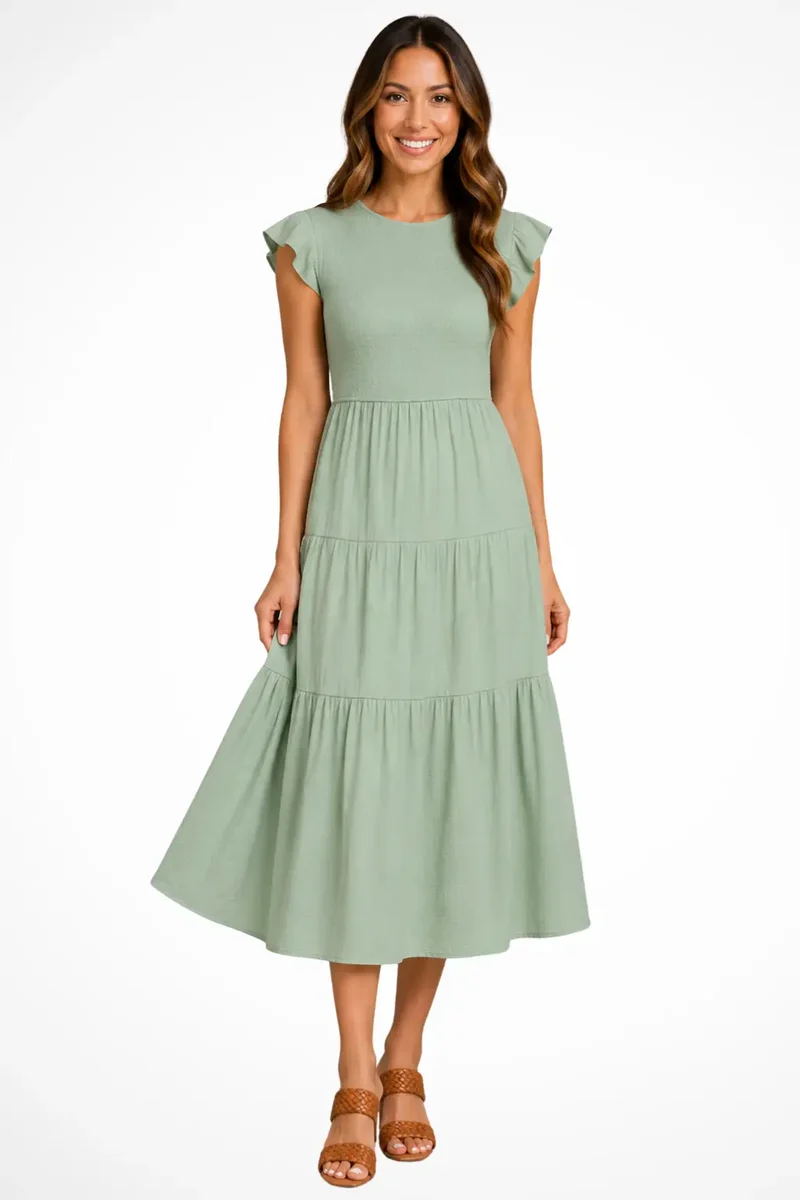 Women's Lightweight Cotton Midi Dress | Elegant Tiered Design with Flutter Sleeves