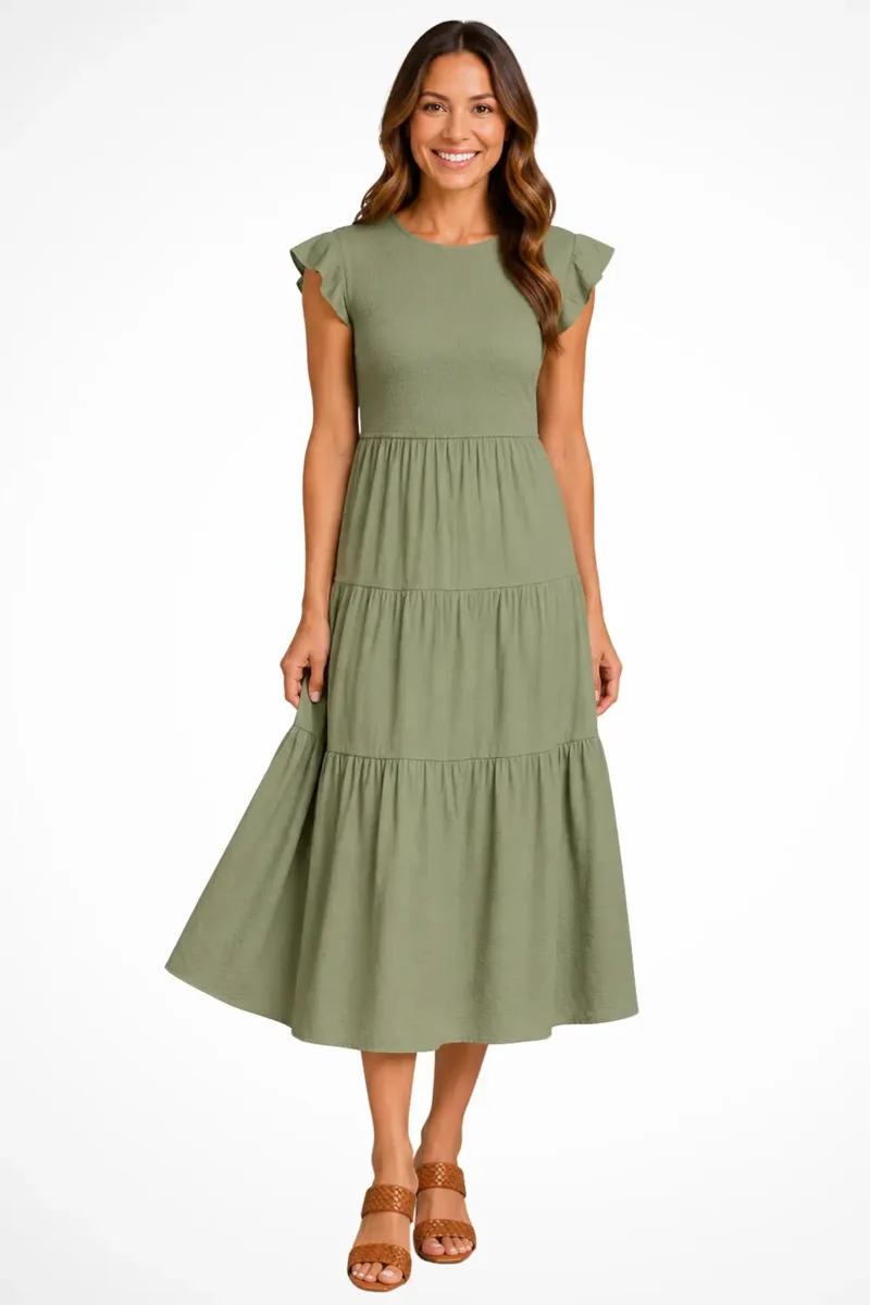 Women's Lightweight Cotton Midi Dress | Elegant Tiered Design with Flutter Sleeves