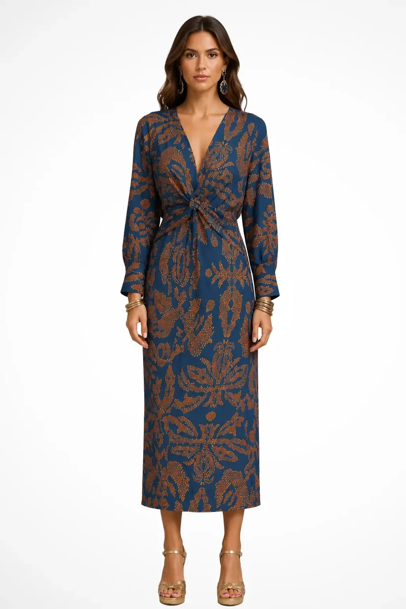 Women's Elegant Printed Midi Dress | Flattering V-Neck Long Sleeve Formal Dresses