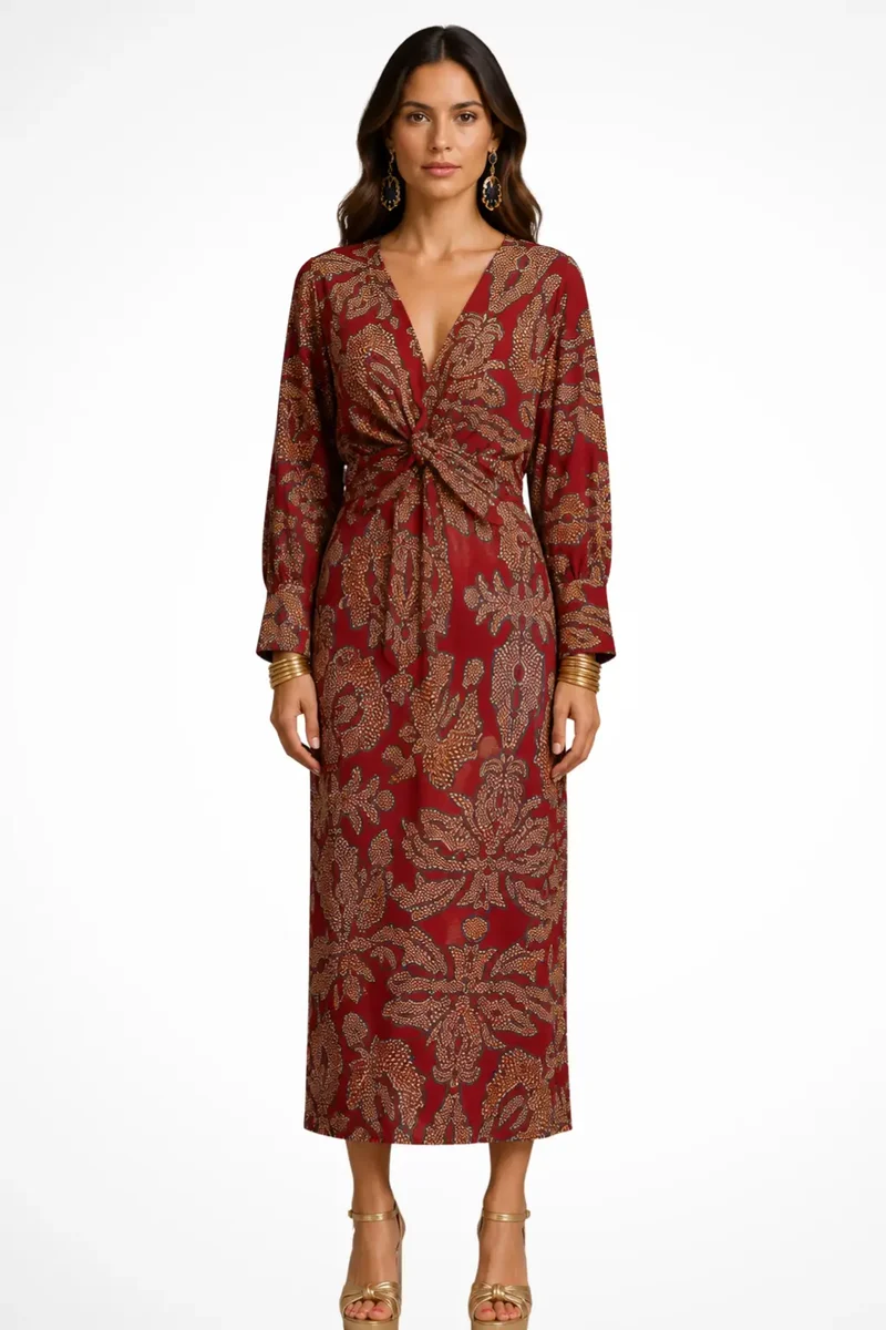 Women's Elegant Printed Midi Dress | Flattering V-Neck Long Sleeve Formal Dresses