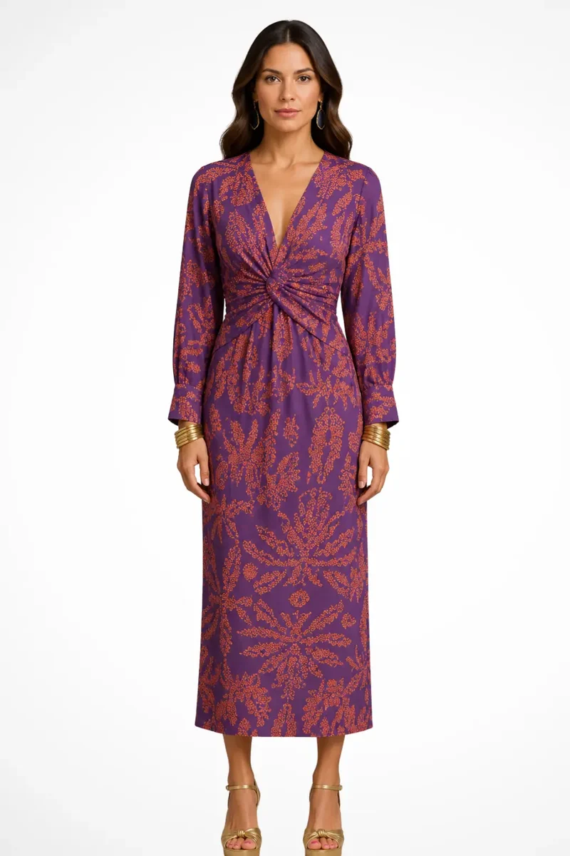 Women's Elegant Printed Midi Dress | Flattering V-Neck Long Sleeve Formal Dresses