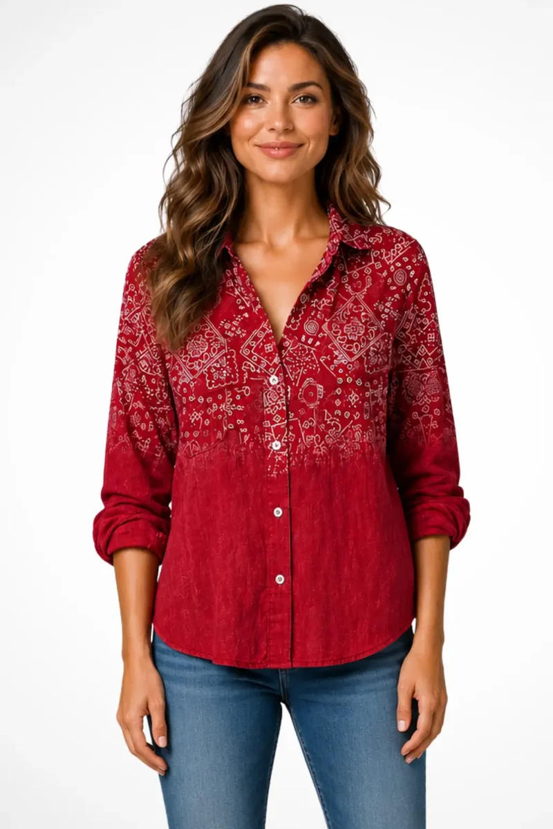 Women's Lightweight Bohemian Print Blouse | Relaxed Fit Roll-Up Sleeve Top