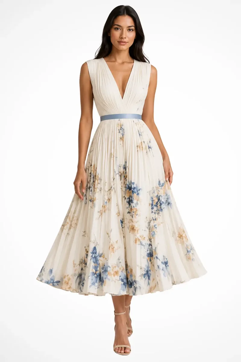 Women's Floral Print Midi Dress | Elegant Sleeveless V-Neck Summer Dress