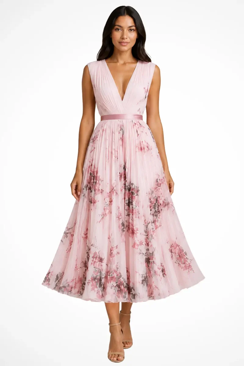 Women's Floral Print Midi Dress | Elegant Sleeveless V-Neck Summer Dress