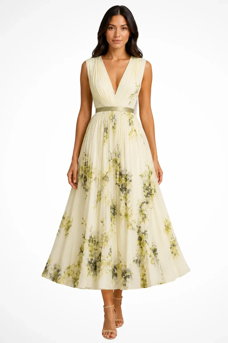 Women's Floral Print Midi Dress | Elegant Sleeveless V-Neck Summer Dress