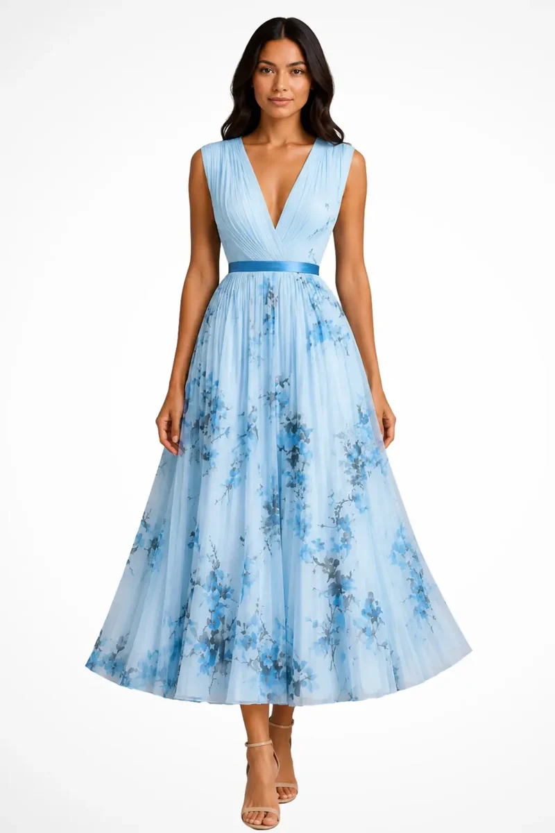 Women's Floral Print Midi Dress | Elegant Sleeveless V-Neck Summer Dress