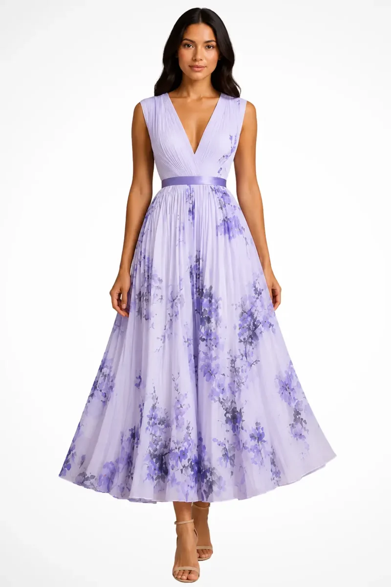 Women's Floral Print Midi Dress | Elegant Sleeveless V-Neck Summer Dress