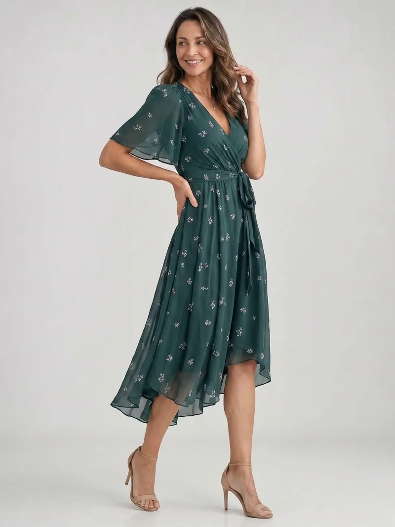 Women's Floral Print Midi Dress | Elegant V-Neck Wrap Summer Dress