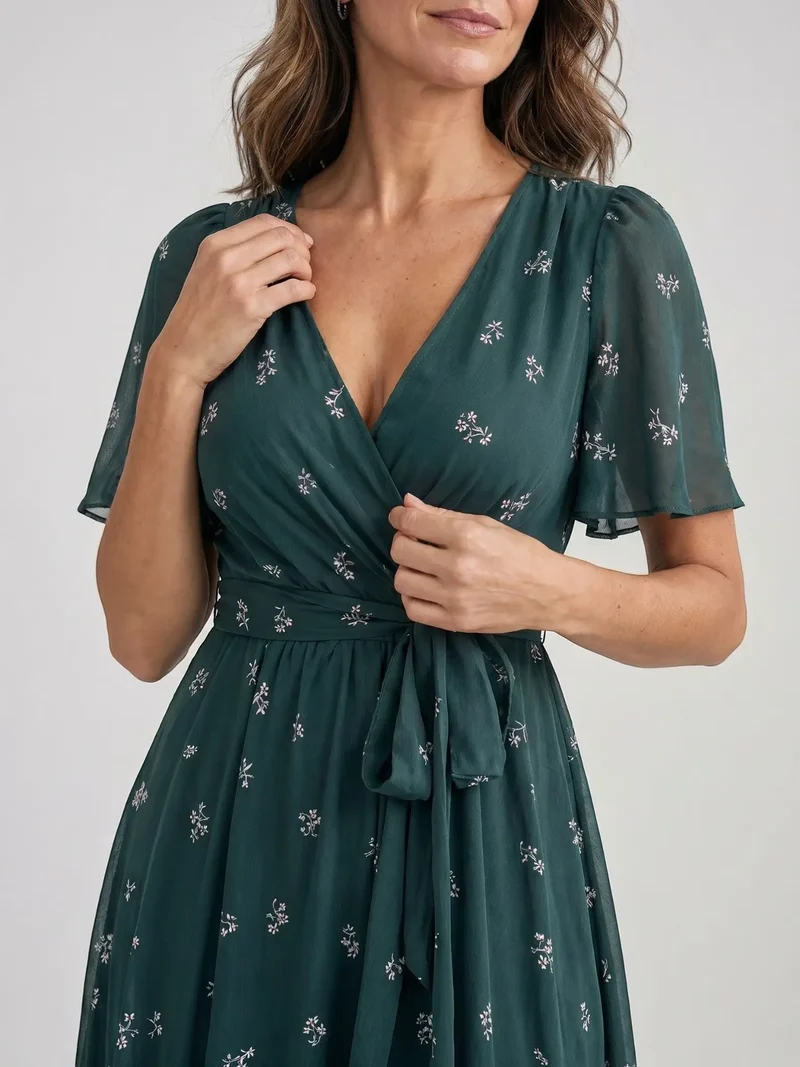 Women's Floral Print Midi Dress | Elegant V-Neck Wrap Summer Dress