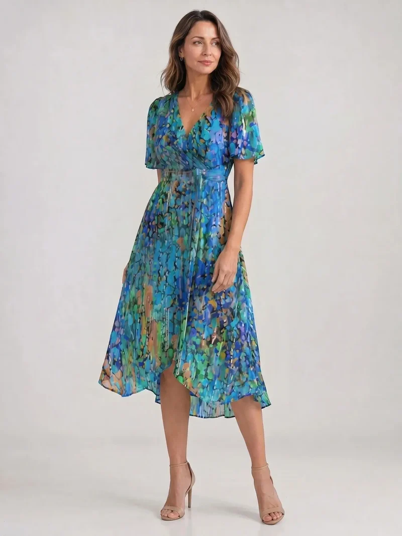 Women's Floral Print Midi Dress | Elegant V-Neck Wrap Summer Dress