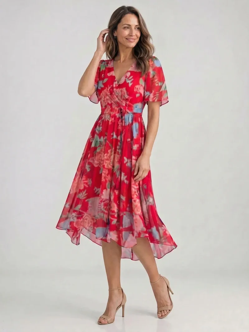 Women's Floral Print Midi Dress | Elegant V-Neck Wrap Summer Dress