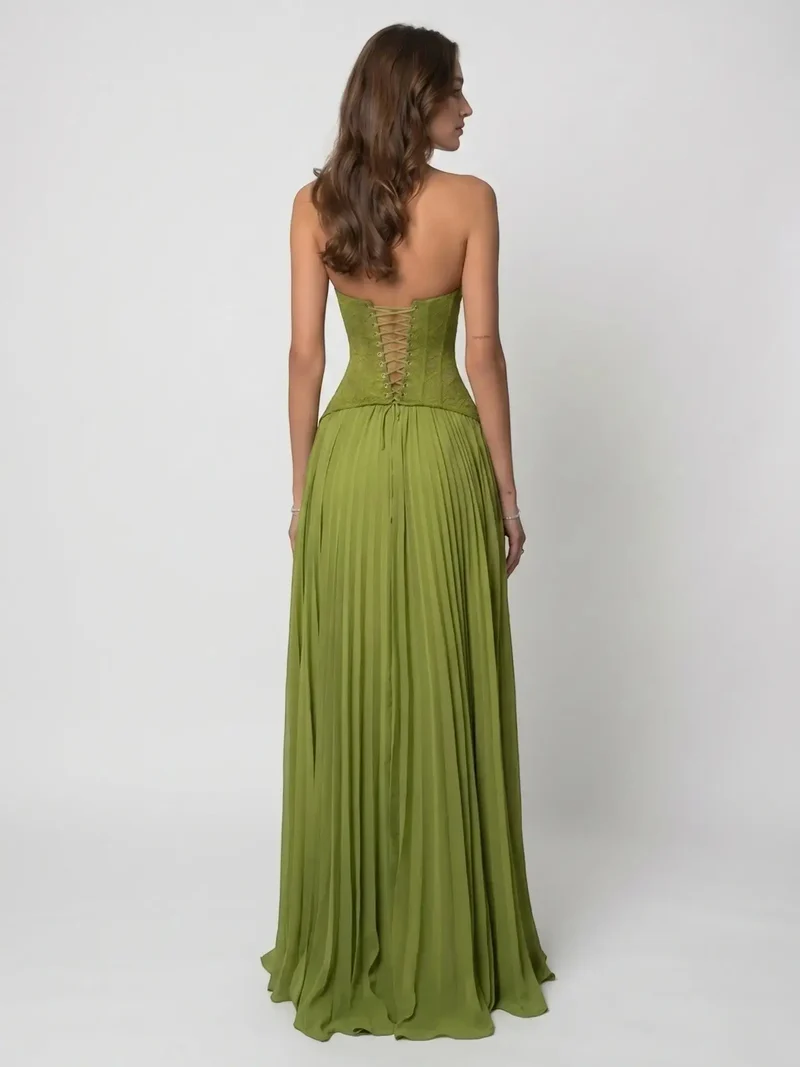 Women's Elegant Draped Pleated Maxi Dress | Structured Corset Style Evening Gown