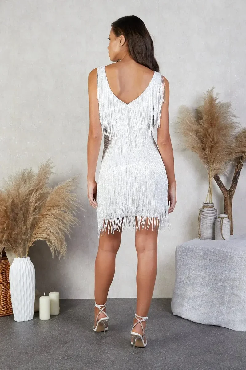 Women's Sequin Mini Dress | Glamorous Sleeveless Evening Wear with Tassel Detail