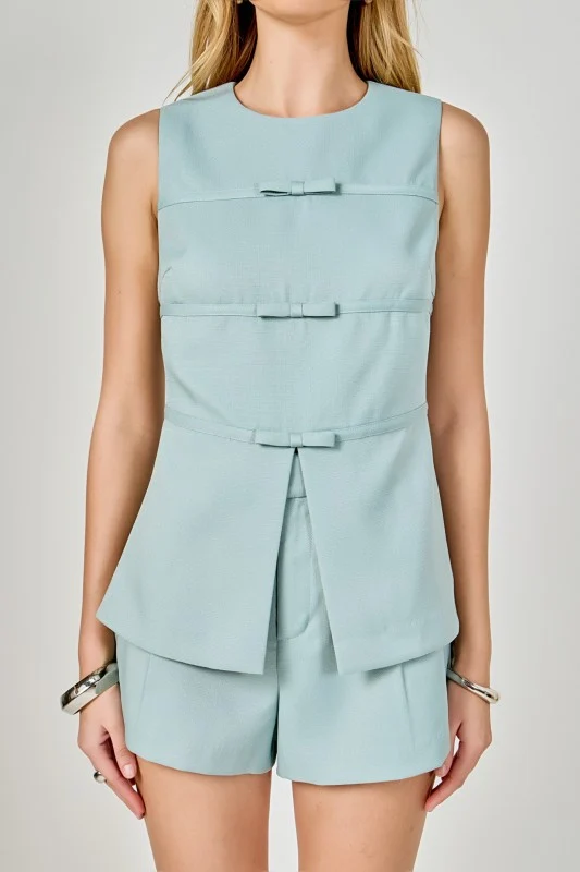 Jackie Front Slit Sleeveless Bow Trimmed Top