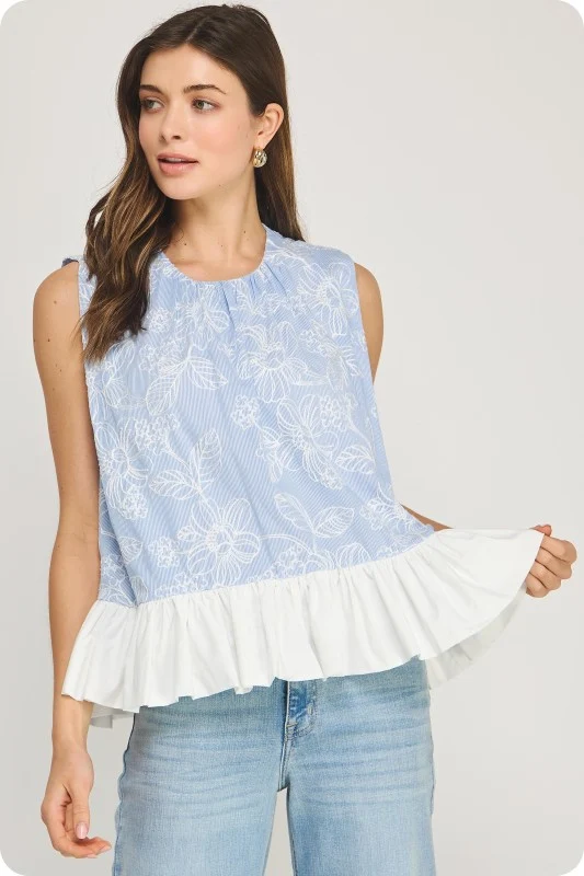 April Floral Embroidery Stripe Contrast Ruffle Hem Top