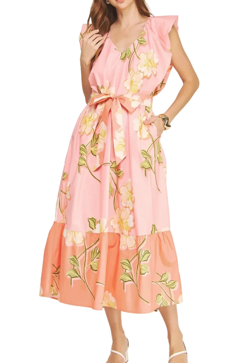 Tropical Hibiscus Ruffle Tiered Midi Dress